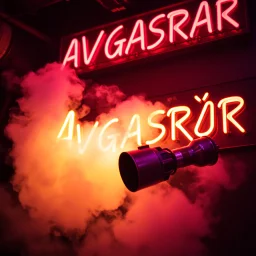 A exhaust pipe performing at dance club, his name is "exhaust pipe" and looks crazy, looks very aggressive look, Neon lights and smog, "AVGASRÖR" SIGN ON WALL