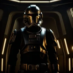 star wars bald male corellian pilot wearing gunmetal grey and black First Order armored special forces TIE pilot flightsuit and helmet with gold trim inside the jedi temple, centered head and shoulders portrait, hyperdetailed, dynamic lighting, hyperdetailed background, 8k resolution, volumetric lighting, fully symmetric details