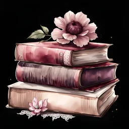 watercolor drawing of a stack of burgundy books with a flower and lace, Trending on Artstation, {creative commons}, fanart, AIart, {Woolitize}, by Charlie Bowater, Illustration, Color Grading, Filmic, Nikon D750, Brenizer Method, Side-View, Perspective, Depth of Field, Field of View, F/2.8, Lens Flare, Tonal Colors, 8K, Full-HD, ProPhoto RGB, Perfectionism, Rim Li