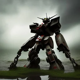 hyperrealistic shot, rusting and moss covered giant gundam, earth color palette, sharp focus, puddle reflection, water splash, refraction, rain and lightning on the horizon, shadowcast, detailed and intricate, cinematic composition, tilt shift photography