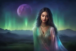 Masterpiece image of a beautiful punjabi girl with shoulder-length angled bluntends hairstyle, divine proportion, non-douche smile, aurora borealis, night scene, Glowing Whisper, Ethereal dance, Nocturnal Grace, Silent Luminescence, Midnight Flutter, Whispering Silent, Iridescent Encounter, Moonlit Shadow, by Skyrn99, full body, (((rule of thirds))), high quality, high detail, high resolution, (bokeh:2), backlight, long exposure:2,