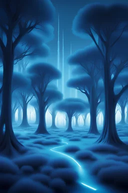 futuristic bright blue landscape and blue trees ad grass lighting is bright