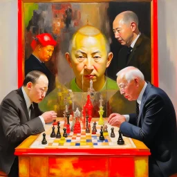 Putin, President Xi Of China And Joe Biden Play Chess With A Pigeon,Ufo And Atomic Bomb Mushroom Cloud,Complex Surgical Instruments Intermixed With A Newborn Boy,Minimalism,Painting By Adrian Ghenie,Rene Magritte,Pablo Picasso,Michelangelo,Salvador Dali,Lucian Freud