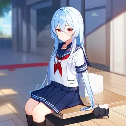 Clear focus, High resolution, long fluffy light blue hair, hair between eyes, long locks, wearing a sailor uniform, wearing a sailor skirt, long black socks, 1girl, cartoon, cute, UNFOTABLE studio, red tie, sitting, outside setting, nothing infront of character, sitting on floor, 1girl