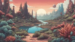 comic style, highly detailed ,gorgeous otherworldly landscape, otherworldly plants