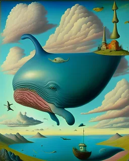 A surrealistic painting of a landscape with a giant whale in the sky, in the style of Salvador Dali, Mark Ryden, and Hieronymus Bosch, with bold colors and intricate details.