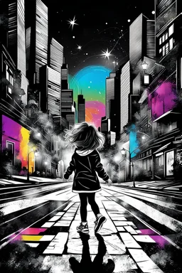 Mixed media picture, the background is black and white line art cityscape. In the middle a colorful photo of a little girl playing in the street, the girl is wearing colorful clothes, her hair is black. enhancing the contrast between her and the black and white cityscape, illustration, cinematic, sharp lights