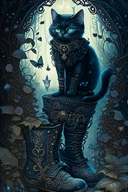 dark fantasy, intricate cover, a whimsical fairytale with a cat in boots