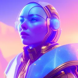 A portrait of a crystalised blue pink extraterrestrial, gold, sunny background, atmospheric, realistic, unreal engine, 8k. Cinematic lighting, octane render.