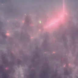 ALIENS FLOATING in the fog, FOGGY NIGHT, mountains, GLOWING, PURPLE, orange, pink, stars, TOWERS, 4K, 8K, CINEMATIC