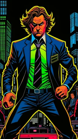 Diego Forlan Football soccer player fighting black suite. Dark detective comic. comicBook cover batman style detective mistery 1990.