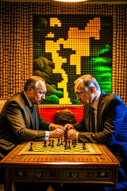 Vladimir Poutine playing chess with Zelinynski. A map of ukraine is burning on a wall