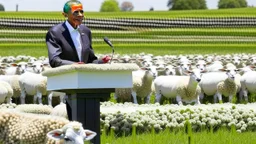 barack obama at podium speaking to large field of sheep