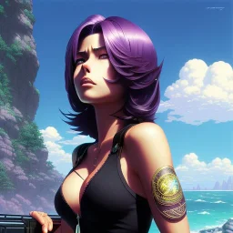 revy black lagoon, purple hair, black tank top, jean shorts, tribal sleeve left arm, portrait shinkai makoto, studio ghibli, studio key, madhouse anime studio, artgerm, lau rossdraws james jean marc simonetti pixiv