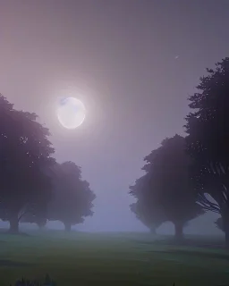 Landscape at night trees in the mist with moon in the background, bitds in the sky