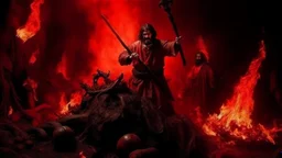 Highly detailed medium shot of Jesus Christ shoot Satan with a shotgun in hell, red, blood, demons, lava, fire, darkness, landscape