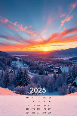 New 2025 wall Calendar with date grid at bottom, wall Calendar that features an Impressionist landscape of a Wide angle majestic winter sunset over a serene snowy town, Text "2025" text "JANUARY". calendar template