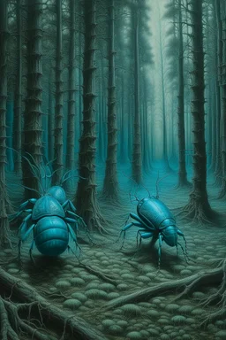 A cyan forest with noisy beetles painted by Lucas van Leyden