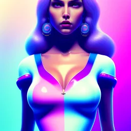 portrait in oil of busty beautiful Blackhaired woman, purpurin, minimal skintight latex pink dress, gradient color, BLUE, PINK, CYAN, neon, insanely detailed, 16k resolution, perfect eyes, cinematic smooth, intricate detail, in the style of Kaare Andrews