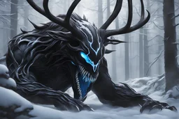 Venom Shadow symbiote in 8k realistic anime drawing style, Deer skull, non-eyes, blue neon crystal Antlers, dark snow forest, intricate details, highly detailed, high details, detailed portrait, masterpiece,ultra detailed, ultra quality