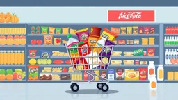 A design for a supermarket called (full market) filled with various fruit juices, chips, Fanta, Coca-Cola, and Sprite soft drinks, various chocolates, packaged cheeses, butter, and pasteurized milk, and a shopping cart filled with supermarket products in the center in happy, vibrant, and eye-catching colors.