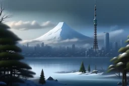 Tokyo Japan in the style of; Arctic Winter Day, by Bob Ross.