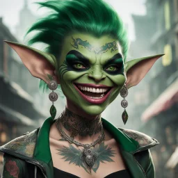 The image shows a female goblin with a mischievous grin, her sharp teeth peeking out as she takes a drag from a joint. Her emerald green skin is adorned with intricate tattoos and piercings, adding to her rebellious and edgy appearance. She wears a mix of tattered and modern clothing, combining elements of fantasy and urban street style. The goblin's gaze is intense and alluring, hinting at a complex personality that defies traditional expectations. In the background, a faint haze of smoke envel