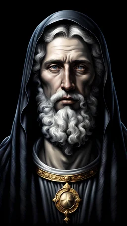 Portrait of God in saint mantle on black background in realistic style