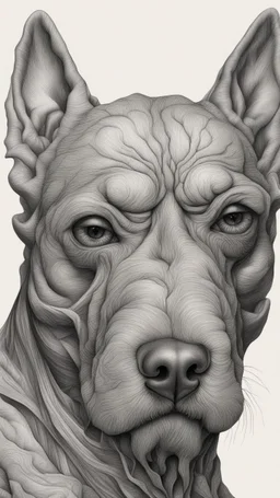 ππ§π€π’π₯π© highly detailed graphite illustration, A surreal dog face with exaggerated anatomical features, heavily wrinkled skin, and an intense, contemplative expression. bald head, thick eyebrows, long beard merge into swirling abstract shapes. Large, expressive hands, one covering the mouth and the other gripping the forehead tensely. Mysterious, introspective, dreamlike, somewhat dark fantasy. #ππ§πart #prompt