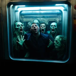 apocalypse dystopia, from perspective of looking through a window on a train car door a frantic passenger is pressed up against the glass shouting while behind him stand several zombies with tentacled mouths, well lit, volumetric lighting, HD photography, 35mm film, cinematic scene,