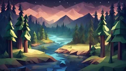 summer night, fir forest,river crosses a valley,low poly