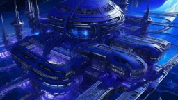 A detailed, wide-angle illustration depicts a sprawling, futuristic space station complex bathed in the deep blues and purples of outer space. The central structure is a massive, multi-tiered hub with a bulbous, domed top featuring large, illuminated windows. Extending from this hub are numerous interconnected platforms, docking bays, and smaller satellite structures, all rendered in sleek, metallic whites and grays with accents of red and orange lighting. Several smaller spacecraft, resembling