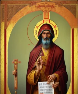 orthodox old icon with saint, patron of photographers. he is holding a camera in one hand and 35mm film in the other. Cyrillic inscriptions are the names of photographic brands. hyperdetailed, Alphonse Mucha, Zdzisław Beksiński, poster, illustration, ink, oil on canvas, 18th century atlas