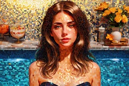 pool mosaic, 3D mirror pieces, beautiful composition, holographic marble pieces, brunette female, dessert shop, flowers, ethereal in sunshine, shading pastel and charcoal golden and ochre, golden glitter, , golden patina, corrosion