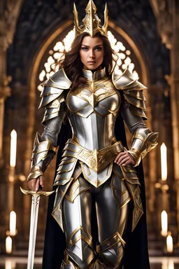 Beautiful super model pretty girl suit mighty paladin stands tall, adorned in gleaming silver armor with intricate gold engravings. The armor is both regal and functional, providing protection while exuding an aura of righteousness.Style:photography