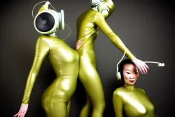 Golden to cyan surfaces body, latex. Tendril-mask-Synthesizer-proboscis. Lightly armored bodies. Metallic headphones and speakers. Alina Li and Asa Akira. Old-fashioned cameras integrated to heads. Suture eyes. Strange Steam-punk Silver tumbler hands! Dystopia perfect body. Mind-download from 1950's computer. Partly symmetrical in relation to the computer. Perfect golden ratio in all directions. Space-corruption. Steam-machines-tubes. Oppressive atmosphere. Thick cables, mind-upload. Propaganda