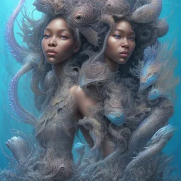 sango fantasy, fantasy magic, intricate, sharp focus, illustration, highly detailed, digital painting, concept art, matte, artgerm and paul lewin and kehinde wiley, masterpiece sexy lips Hawaiian afro lips black African lady body mermaid lionfish head blue space lady beach sea under water mermaid seaweed