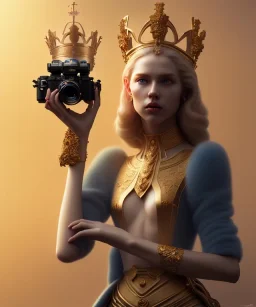 Statue of Queen of photography holding camera in hands. Cute blonde woman. Photographer in golden crown. Standing on the street. Big camera in her hand. hyperdetailed, photorealistic, trending on artstation, greg rutkowski, beksinski, kodachrome, volumetric lighting, gold and cyan