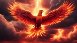 Hyper Realistic Abstract Blazing-Phoenix flying on red-sky-having-golden-glowing-wings with thunderstorm in a dramatic-environment & cinematic Ambiance