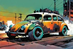 create an abstract, stripped down, post apocalyptic Volkwagen beetle rat rod with highly detailed features, lost in a horrific industrial wasteland, in the comic book art style of Bill Sienkiewicz, Mike Mignola, and Jean Giraud Moebius , searing lines , forceful strokes, precisely drawn, inked, and colored