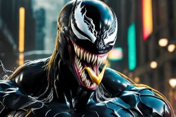 Venom in 8k realistic cgi drawing style, mercy them, close picture, rain, neon, intricate details, highly detailed, high details, detailed portrait, masterpiece,ultra detailed, ultra quality