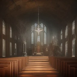 old church interior filled with people, scary, steam punk, realistic, made in octane, cinematic, ultra-realistic, extremely detailed octane rendering, 8K, VRAY Super Real ar 2:3, dof photorealistic futuristic 50mm lens hard lighting dark gray tintype photograph, realistic lighting