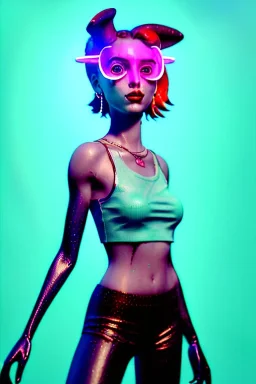 Fashion Portrait, tank girl pin-up, make up, natural busty, retro futuristic style, glow eyes, cinematic, Ultra realistic, jimmy marble artist style, wide angle view, soft color, highly detailed, unreal engine 5, ray tracing, RTX, lumen lighting, ultra detail, volumetric lighting, 3d, finely drawn, high definition.