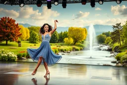 very beautiful lady with makeup curvy hair pretty jeweled lace gray blue dress high heels, full body dancing gracefully in a modern open stage with dynamic turnning lights in a heaven like country side with dreaming trees and a pretty fountain in river flowers mountains in distance,birds,river with water falls