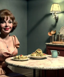 Ultra realistic photographic portrait, happy young Gina Lollobrigida woman sitting with arms resting on Italian kitchen table, pretty tortellini dish, retro dress by 1960, classic style decoration, cold, soft color, highly detailed, unreal engine 5, ray tracing, RTX, lumen lighting, ultra detail, volumetric lighting, high definition.