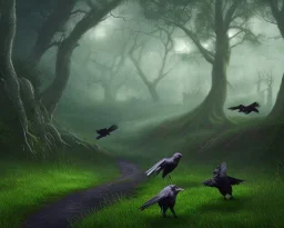 landscape, forest, ravens flying, hyperdetailed, 8k resolution