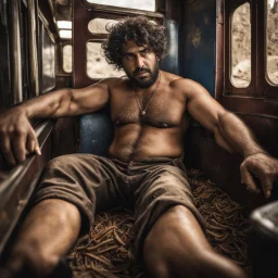 photography of a burly ugly beefy arab farmer 36 years old man sitting in the train, relaxing, shirtless, manly chest, hairy allover, in boxer, bulge, tattoo, broken teeth, serious, short beard, curly hairs , view from below, photorealistic, side lights, Ground-Shot Angle