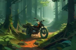 bike in a forest, disco elysium art style