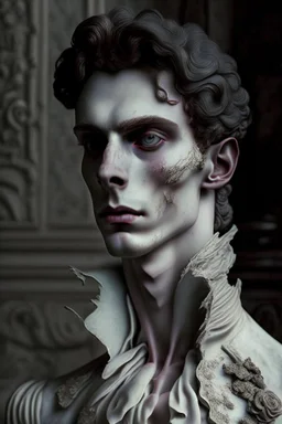 cursed young man from a royal familly victorian times whose skin looks like stone sculpture