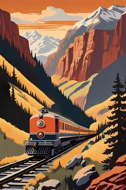 Create an acrylic-painted 1950s travel poster of a passenger train traveling through a mountain pass in the Rocky Mountains in the evening. Capture the sleek, classic design of the 1950s passenger train, its polished metal and vibrant colors reflecting the warm, golden hues of the setting sun. The train should be depicted winding gracefully through the rugged terrain, emphasizing its elegance and the excitement of mid-century rail travel. The surrounding Rocky Mountains should be portrayed with